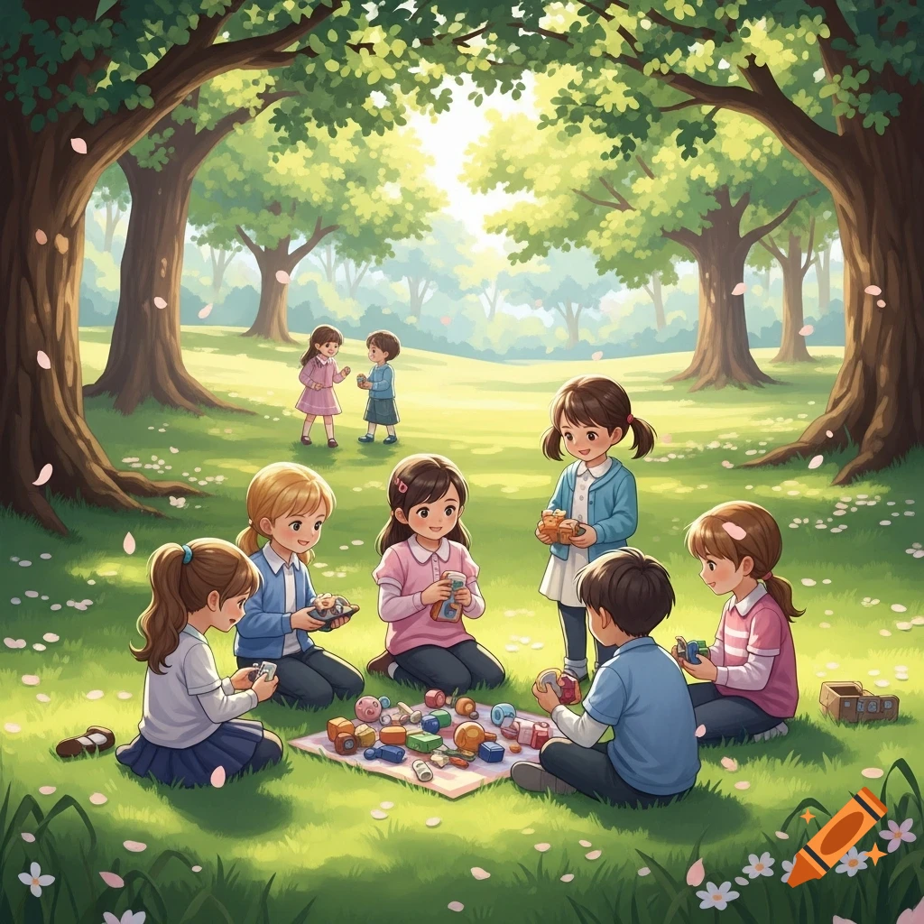 Anime illustration of diverse children playing and sharing toys on a blanket in a sunny, green park with large trees.