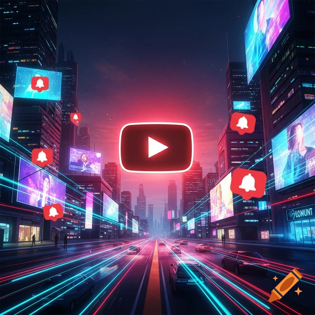 A neon-lit, futuristic city at night with a prominent YouTube play button logo and multiple notification bells floating above a busy street with light trails from cars.