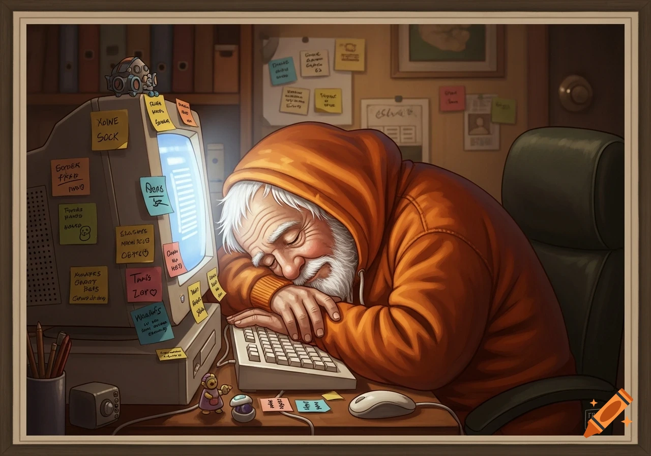 Illustrated old man with a white beard and orange hoodie sleeping with his head on a vintage computer keyboard, surrounded by sticky notes.