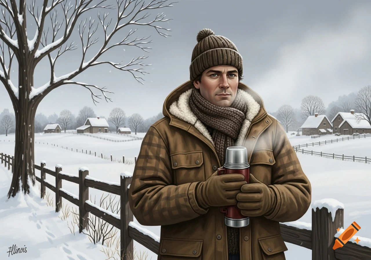 A man in a brown winter coat, knit hat, scarf, and gloves holds a steaming red thermos in a snowy rural landscape with bare trees and houses.