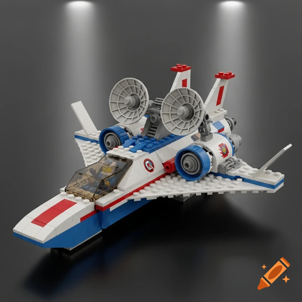 A detailed white, blue, and red Lego spaceship with a pilot in the cockpit and two radar dishes, against a dark background.