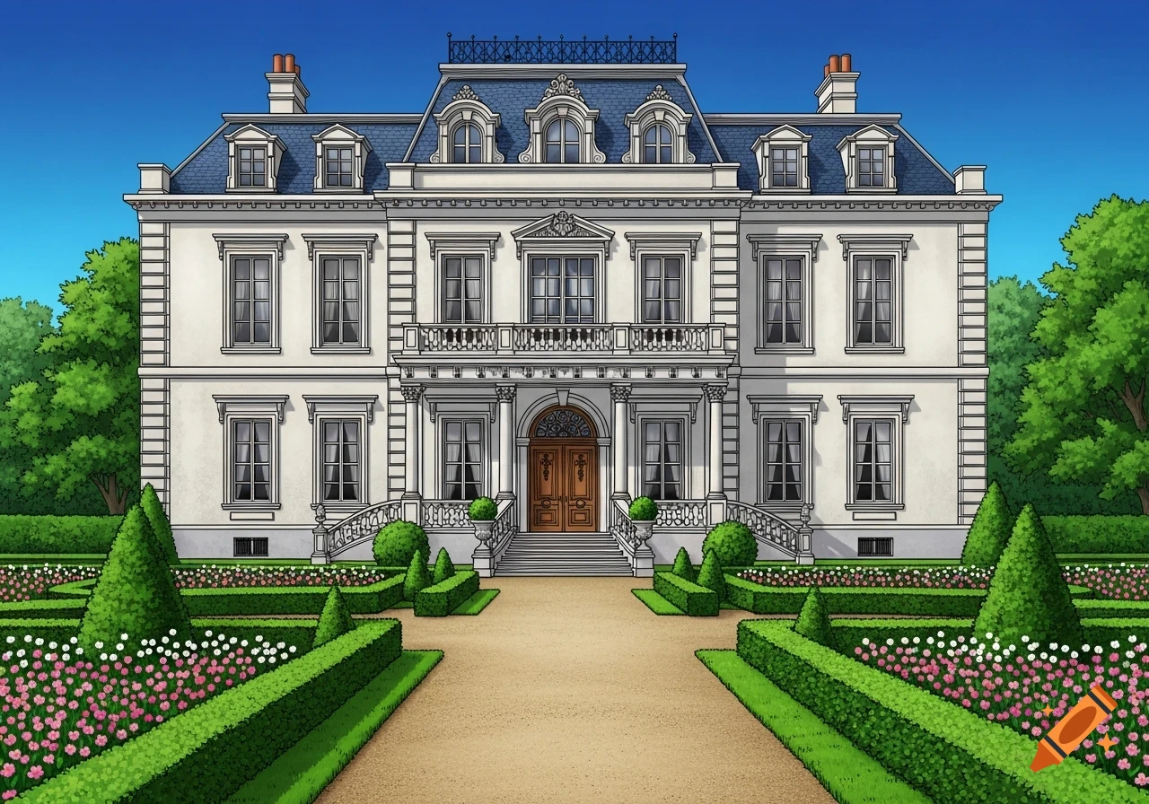 Illustration of a grand 19th-century style mansion with a blue mansard roof, fronted by a formal garden with hedges, topiary, and flowers.
