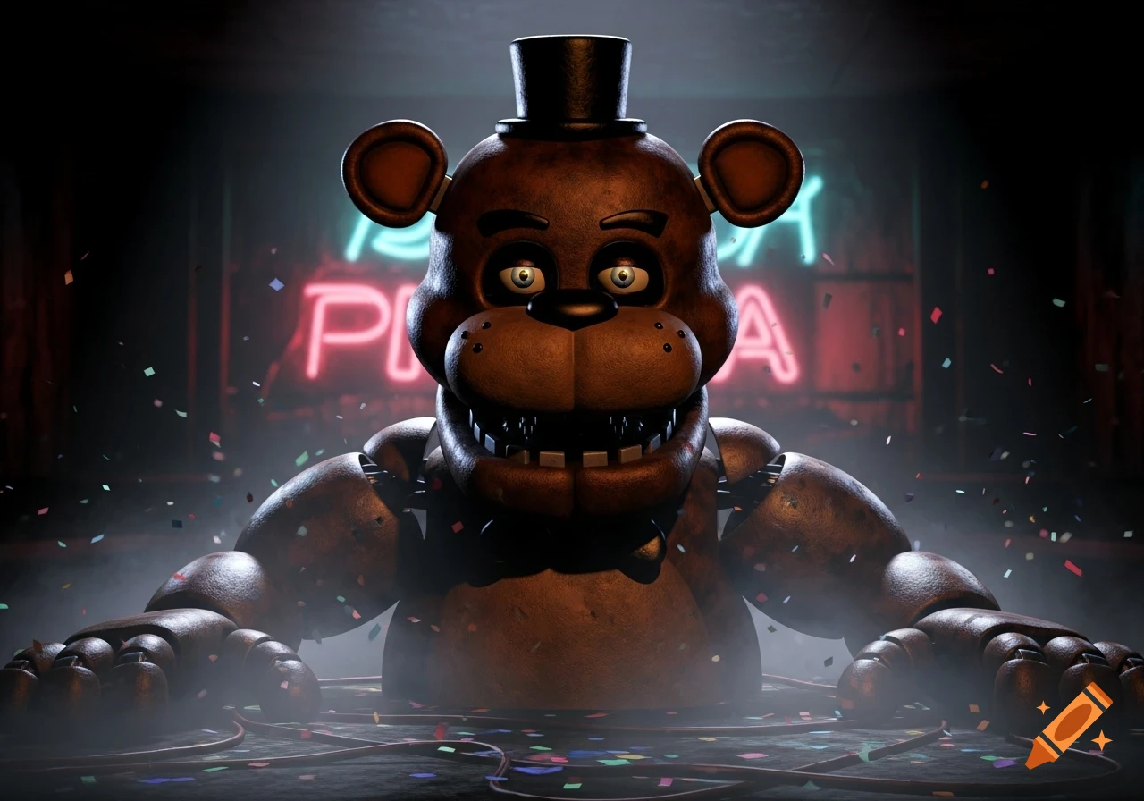 A creepy brown animatronic bear, Freddy Fazbear, wearing a top hat, stares forward with glowing eyes amidst falling confetti and neon signs that read "PIZZA".