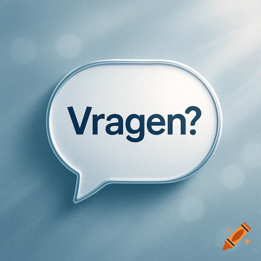 A white speech bubble with 'Vragen?' (Questions?) in dark blue text, set against a soft blue background.