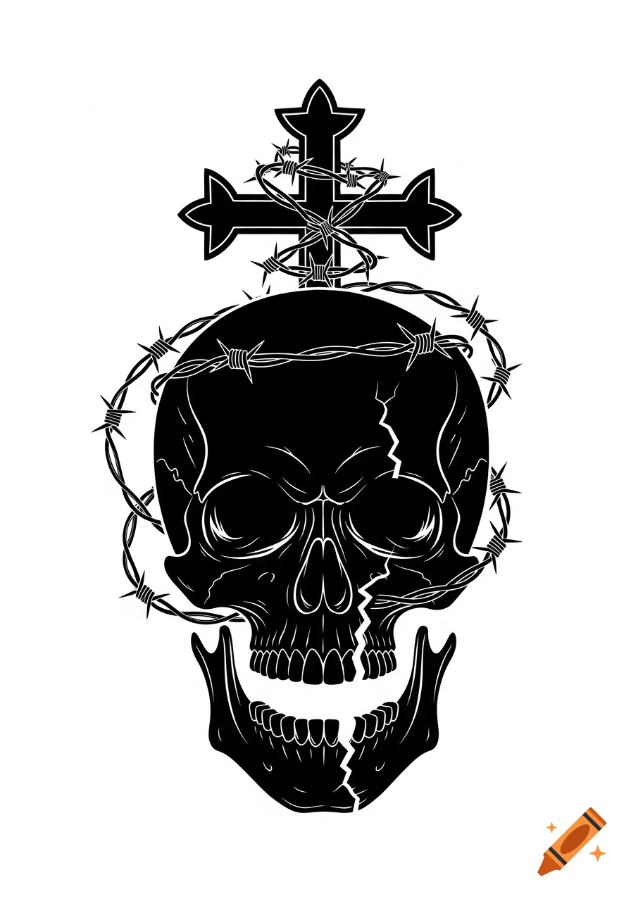 A black stylized skull illustration with a broken jaw, wrapped in barbed wire, topped by a gothic cross.