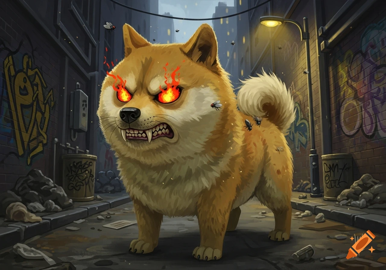 An angry cartoon Shiba Inu with glowing red eyes and bared teeth stands in a dirty, graffiti-covered alley at night, surrounded by flies and trash.