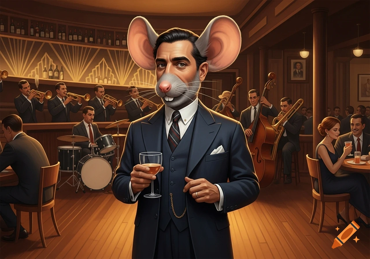 A man with a mouse head in a suit holds a drink in an elegant jazz club with musicians playing in the background.