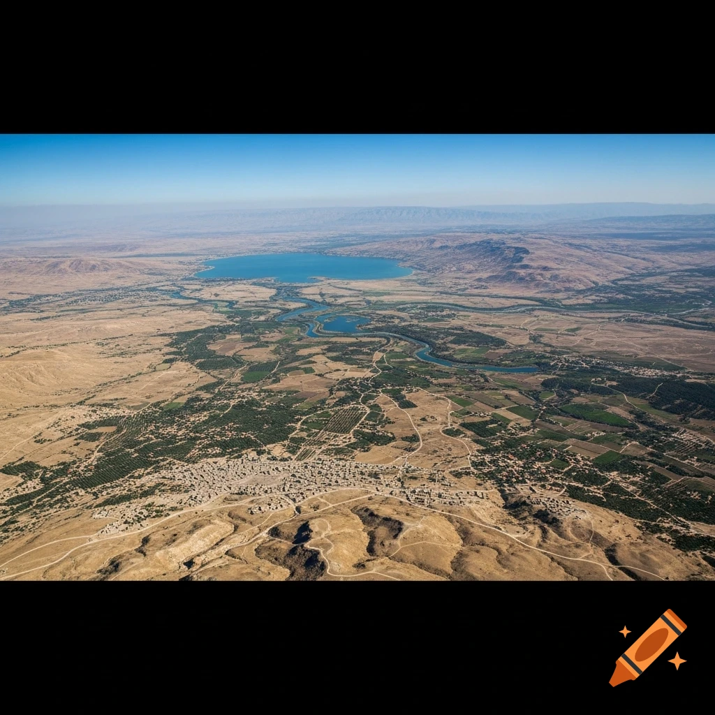 Aerial photorealistic view of a vast dry landscape with a large blue lake, winding rivers, green fields, and a clustered village.