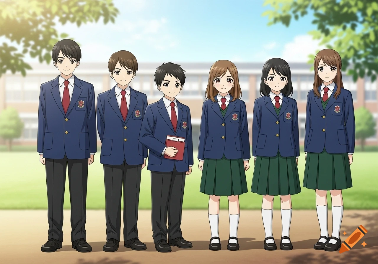 Six anime-style students in blue blazers and red ties, three boys and three girls, stand smiling outdoors in front of a school building.