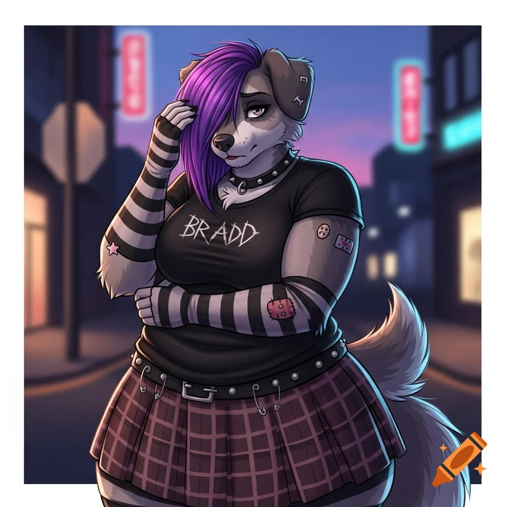 A shy emo furry dog character with purple hair and a plaid skirt stands on a city street at dusk.