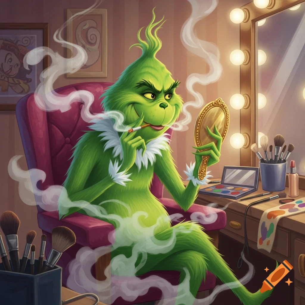 The Grinch smoking a cigarette and looking in a gold hand mirror, sitting in a red makeup chair in a cartoon illustration.