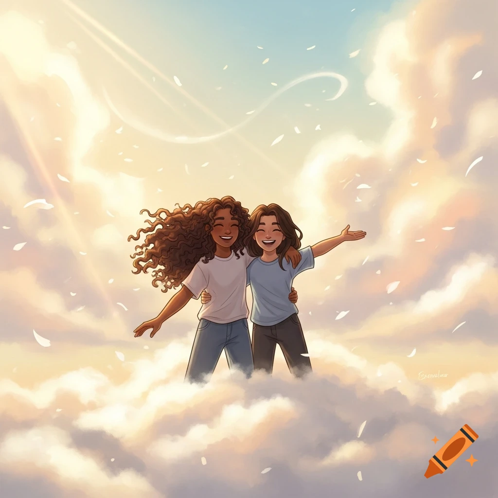 Two smiling cartoon girls with brown hair embrace on fluffy clouds with white petals falling around them against a sunny sky.