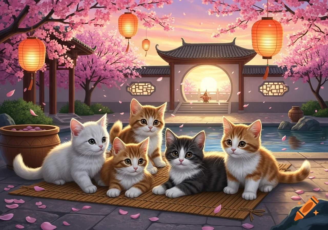 Five cute kittens on a mat in a scenic garden with pink cherry blossoms, glowing lanterns, and traditional Asian architecture.
