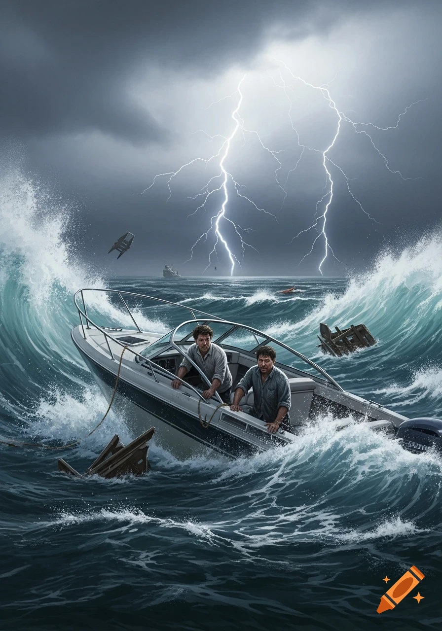 Two men on a motorboat struggle in a fierce ocean storm with towering waves and lightning striking from dark, ominous clouds.