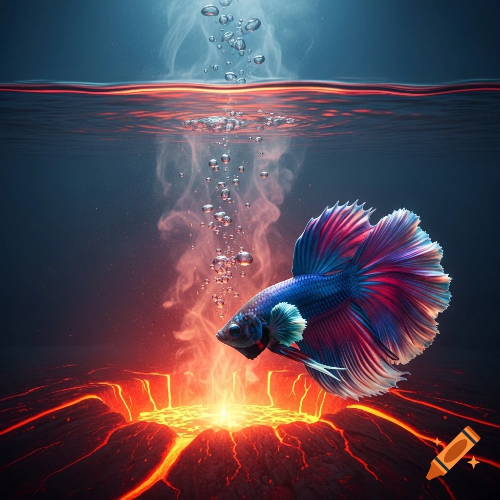 A vibrant blue and red Halfmoon Betta fish swims above a glowing underwater volcano, with bubbles rising.