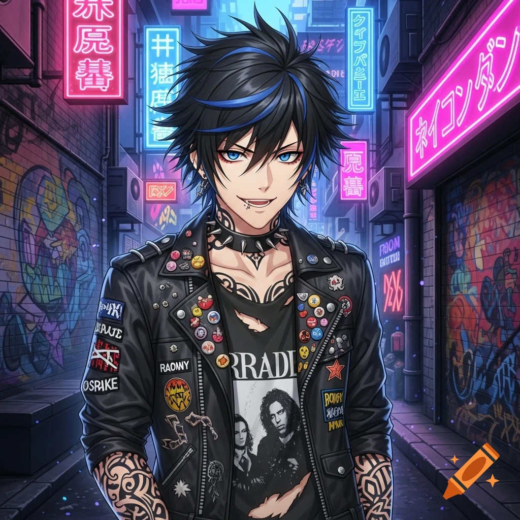 Anime punk boy with spiky black and blue hair, piercings, tattoos, and a studded leather jacket, standing in a neon-lit alley with graffiti.