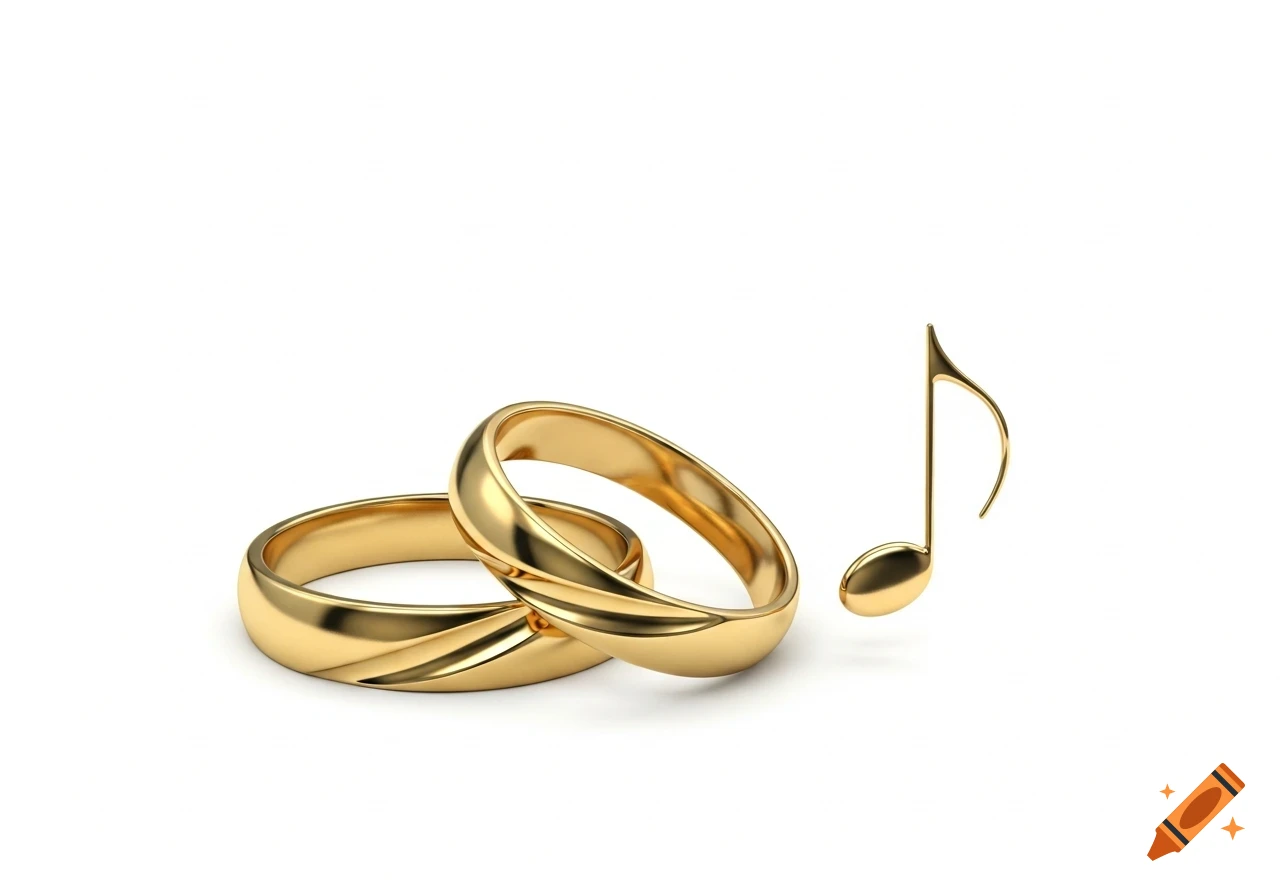 Two shiny gold wedding rings overlapping next to a gold musical note on a white background.