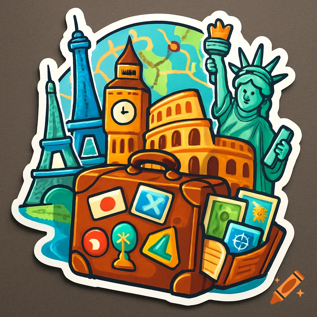 Cartoon travel sticker featuring famous landmarks like the Eiffel Tower, Big Ben, Colosseum, Statue of Liberty, and a brown suitcase.