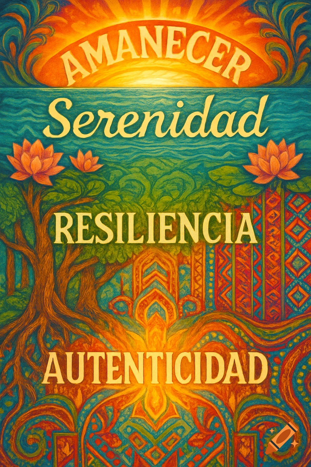 Vibrant illustration featuring the words 'AMANECER', 'Serenidad', 'RESILIENCIA', 'AUTENTICIDAD' amidst a stylized sunrise, sea, lotus flowers, and intricate patterns.