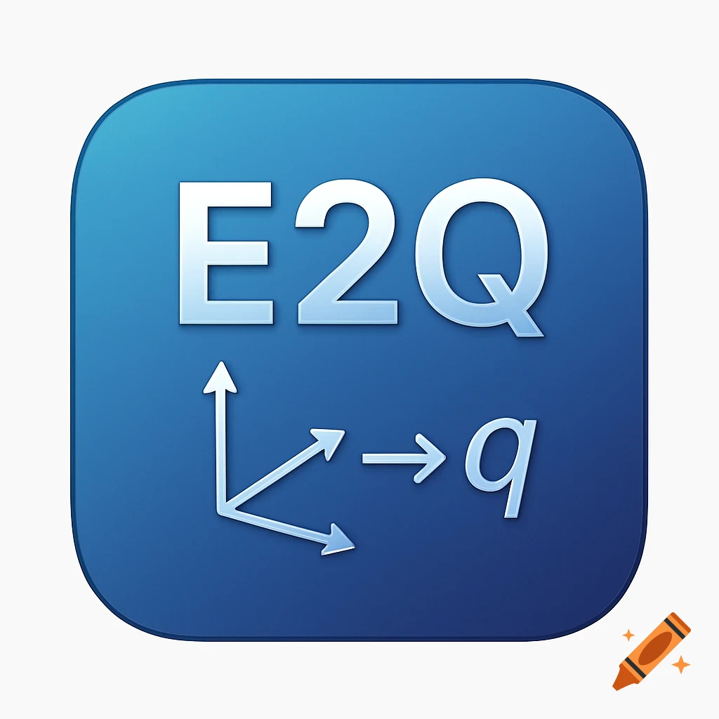 A blue gradient app icon with large white text "E2Q" and a white diagram of arrows pointing towards a lowercase "q".