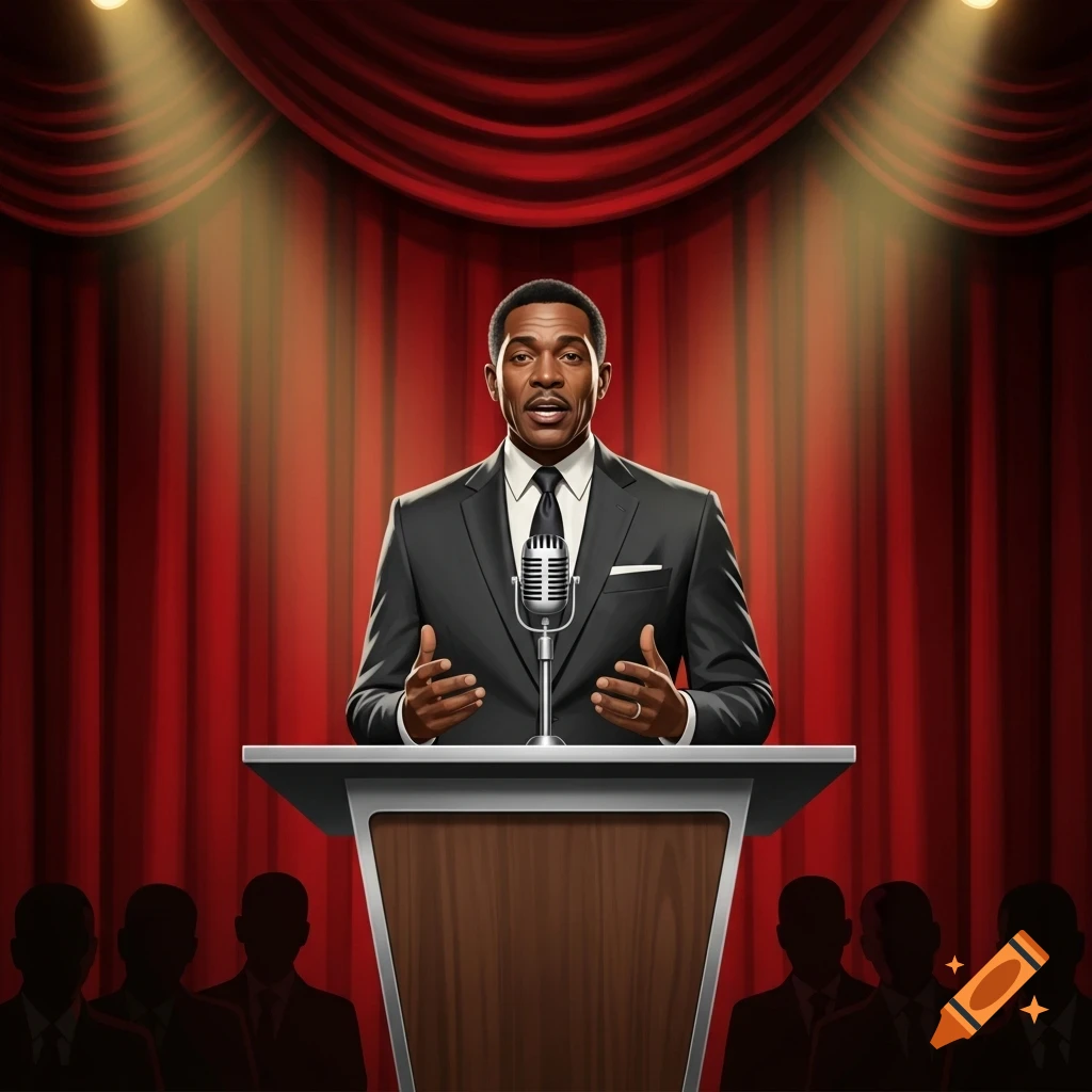 A well-dressed Black man speaks at a podium with a vintage microphone against red stage curtains and spotlights, with audience silhouettes below.