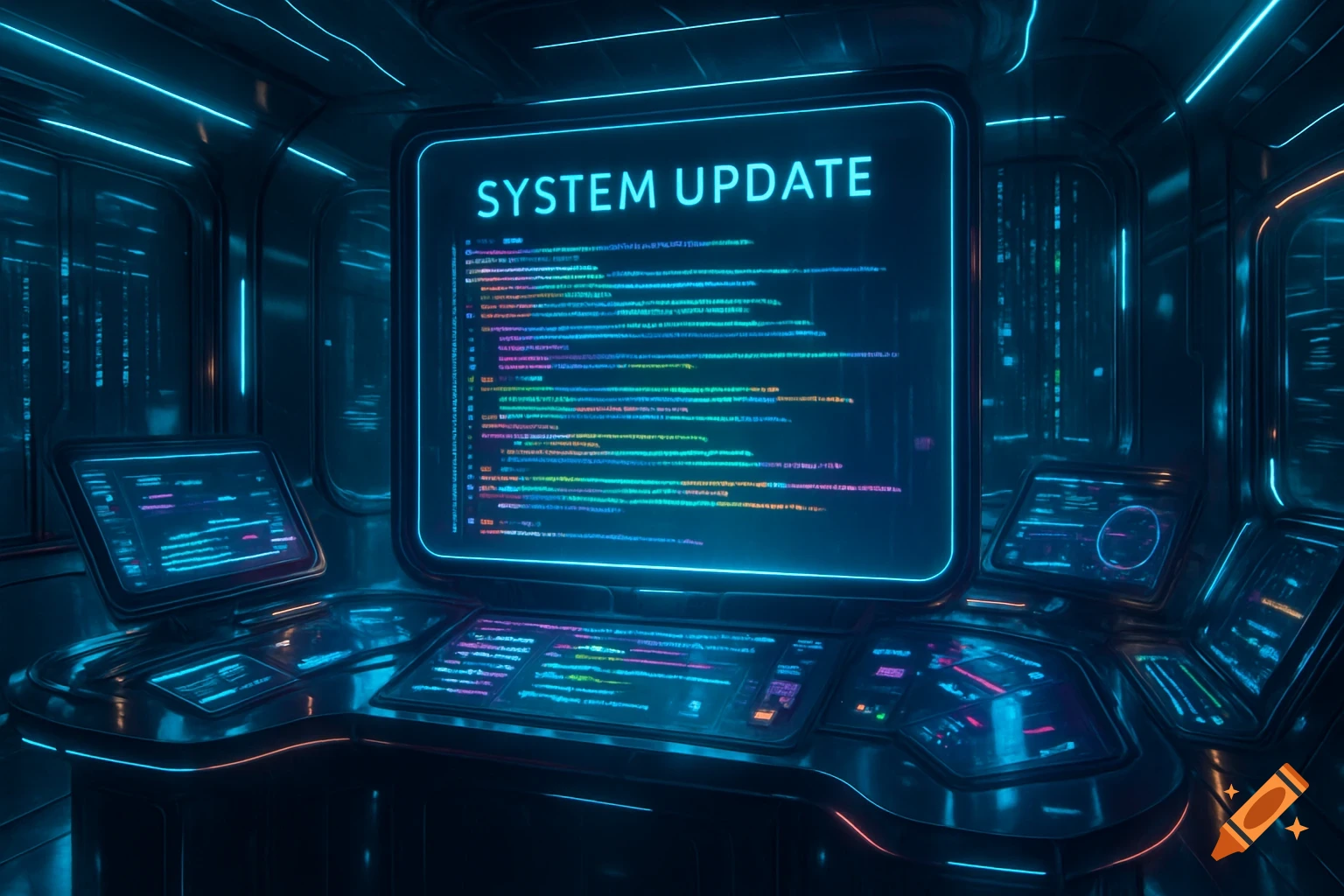 A futuristic control room with multiple glowing blue screens displaying 'SYSTEM UPDATE' and colorful code, set against a dark, neon-lit environment.