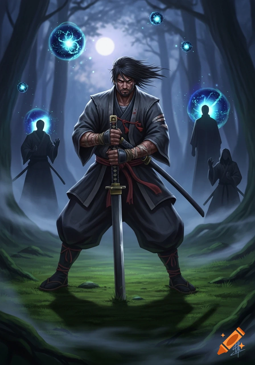 A dark-robed samurai warrior with a katana stands in a mystical forest, surrounded by glowing blue orbs and shadowy figures under a full moon.