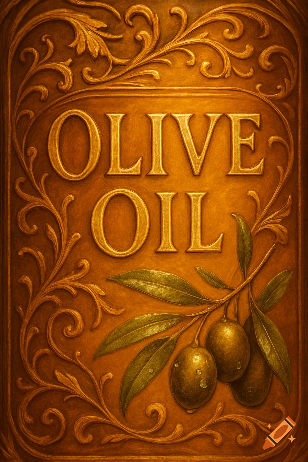 An ornate golden label for olive oil with embossed text and olive branches.