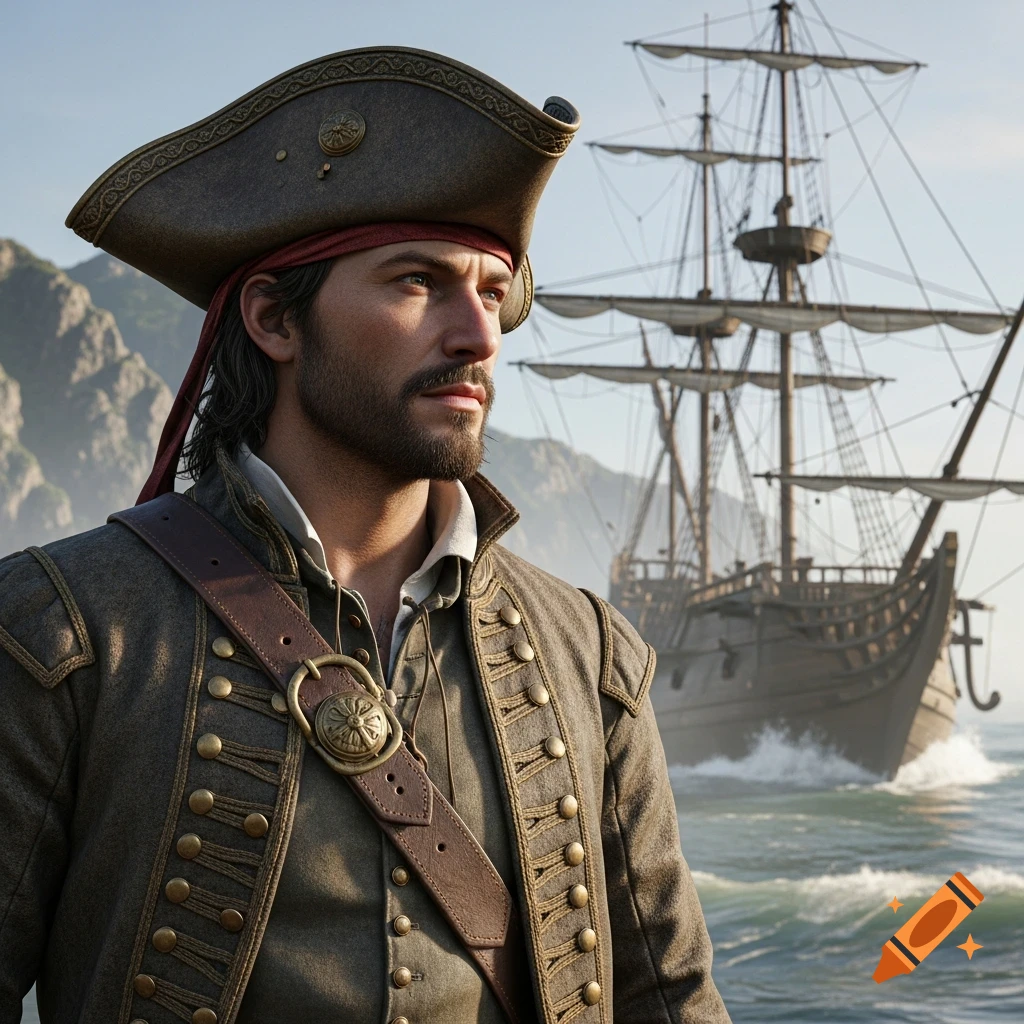 A photorealistic image of a rugged male pirate in a tricorn hat and period costume, standing by the sea with a large sailing ship in the background.