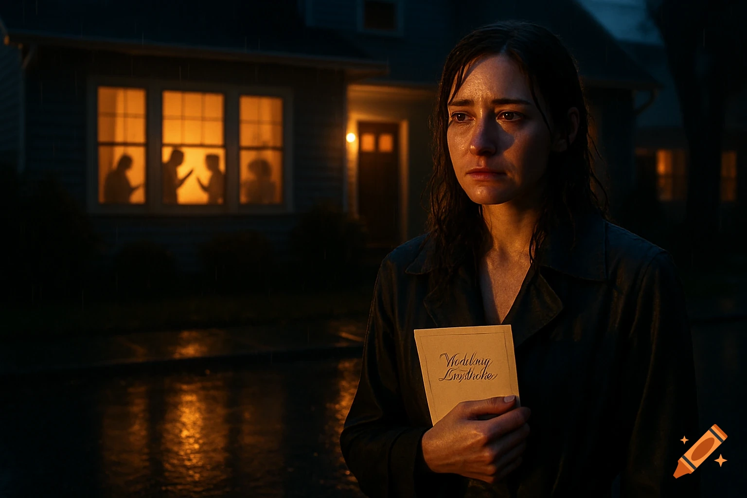 Distraught woman stands in the rain at night, holding a wedding invitation, with silhouettes of people arguing inside a glowing house in the background. Photorealistic, cinematic style.