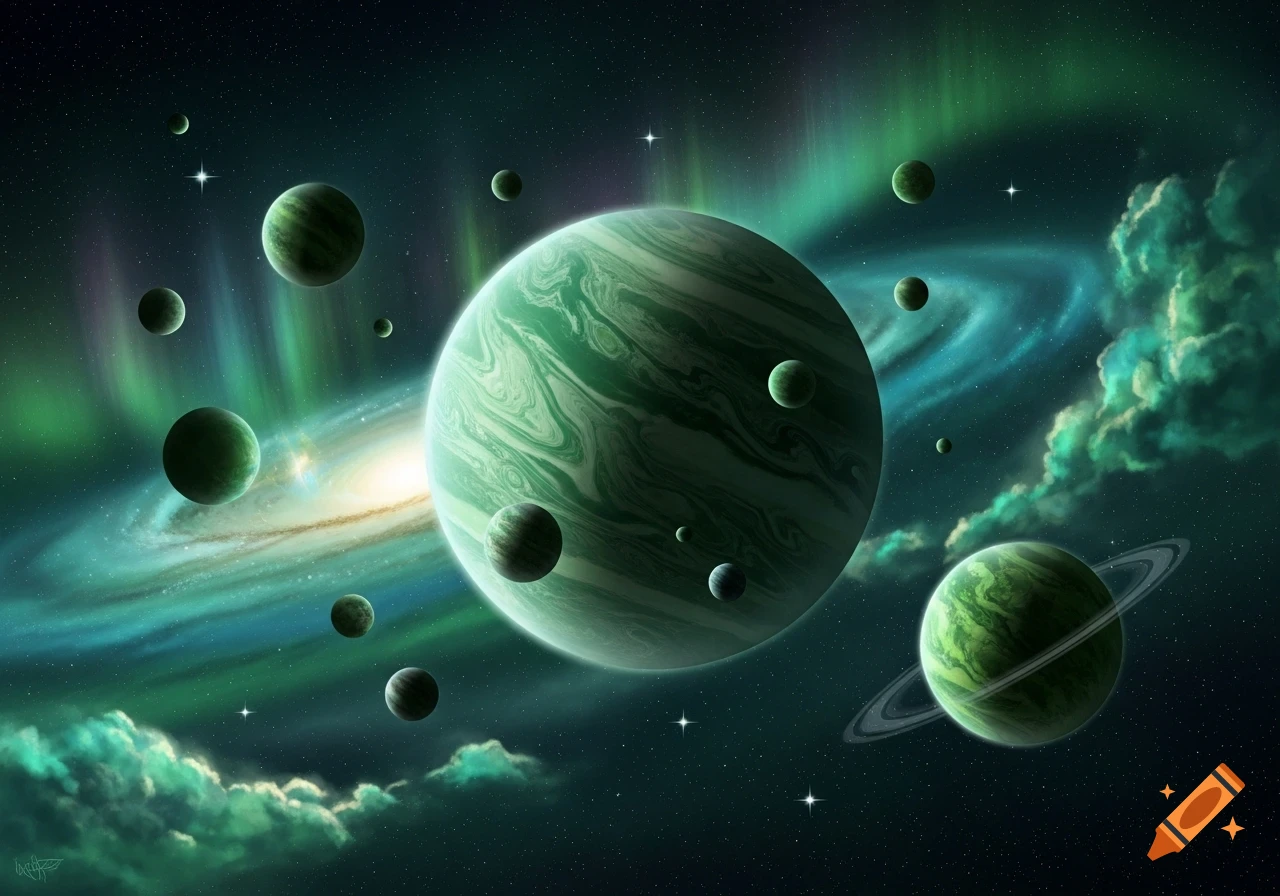 Multiple green planets and a ringed planet orbit in a dark space scene with a glowing spiral galaxy and green aurora.