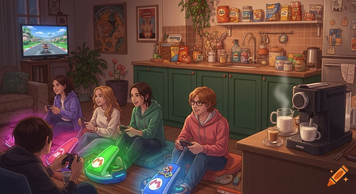 Four young people play Mario Kart in a living room with a kitchen in the background, in an illustrative style. A Nespresso machine steams milk on the counter.