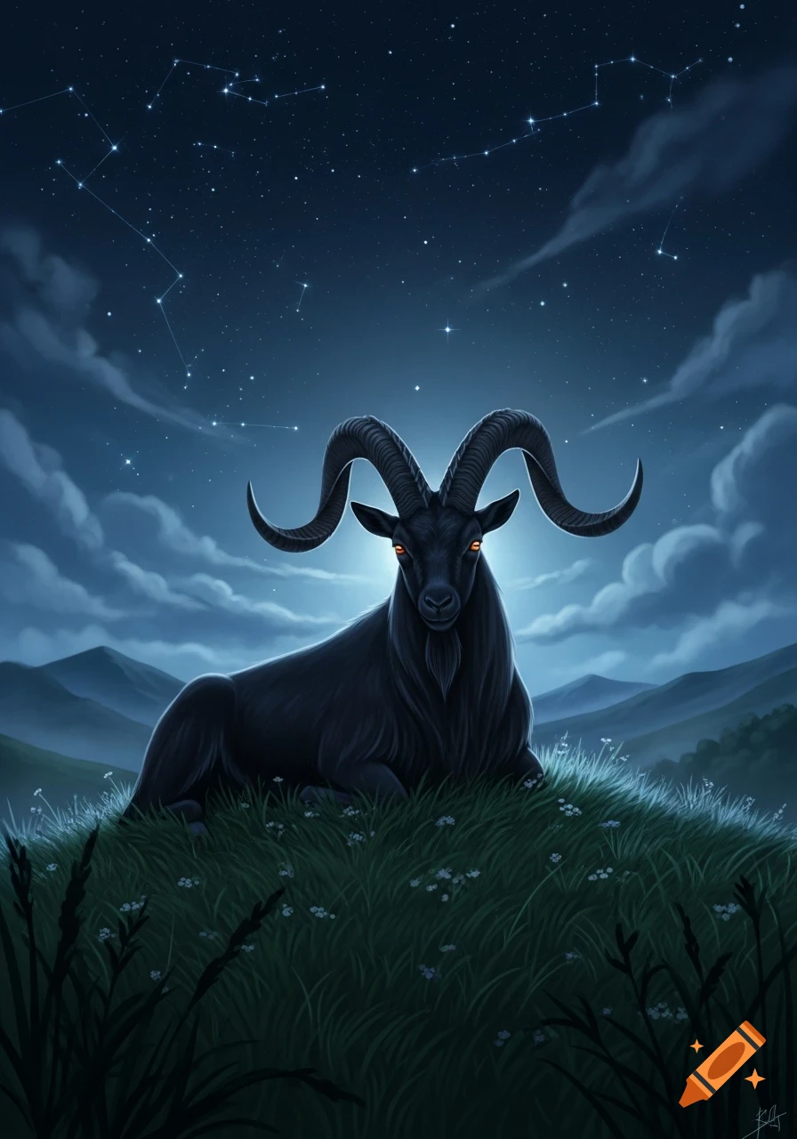 An illustration of a giant black goat with large horns sitting on a grassy hill under a starry night sky with constellations and mountains.