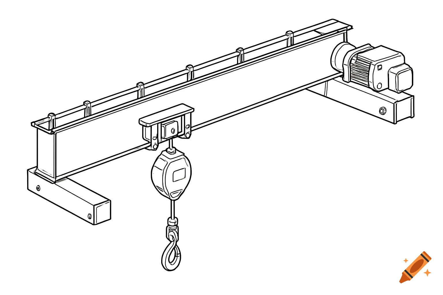Technical patent illustration of an industrial single-girder overhead crane with a retractable fall arrester block and an electric hoist.