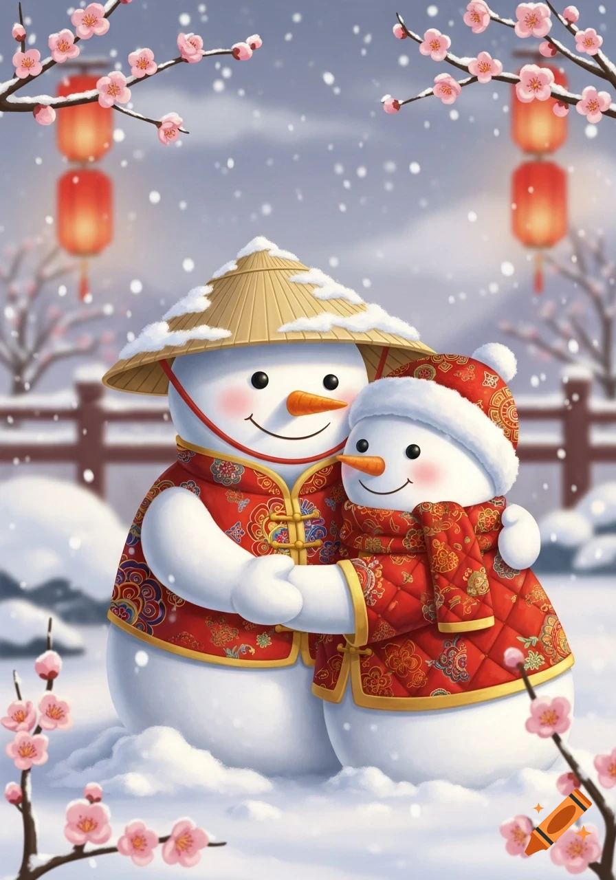 Cute illustration of two snowmen in traditional Chinese attire hugging in a snowy landscape with cherry blossoms and lanterns.