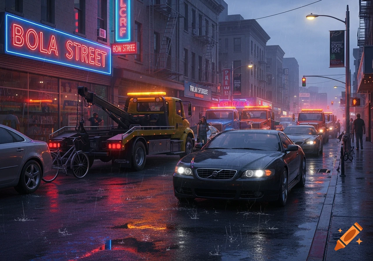 A rainy city street scene at night with a tow truck and cars on the wet pavement, illuminated by neon signs and vehicle lights.