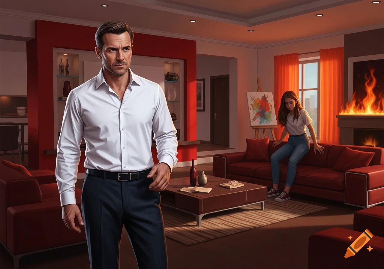 A man in a white shirt stands in a modern living room looking at a sad girl sitting on a red couch, with a painting easel and a fireplace with flames in the background.