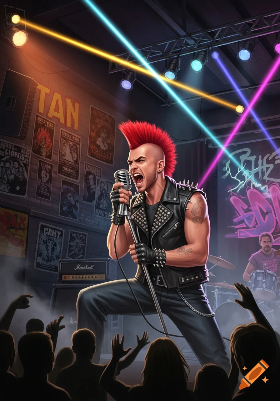 A stylized illustration of a male punk rock singer with a red mohawk performing on stage under colorful spotlights, with a drummer in the background and a silhouetted crowd.