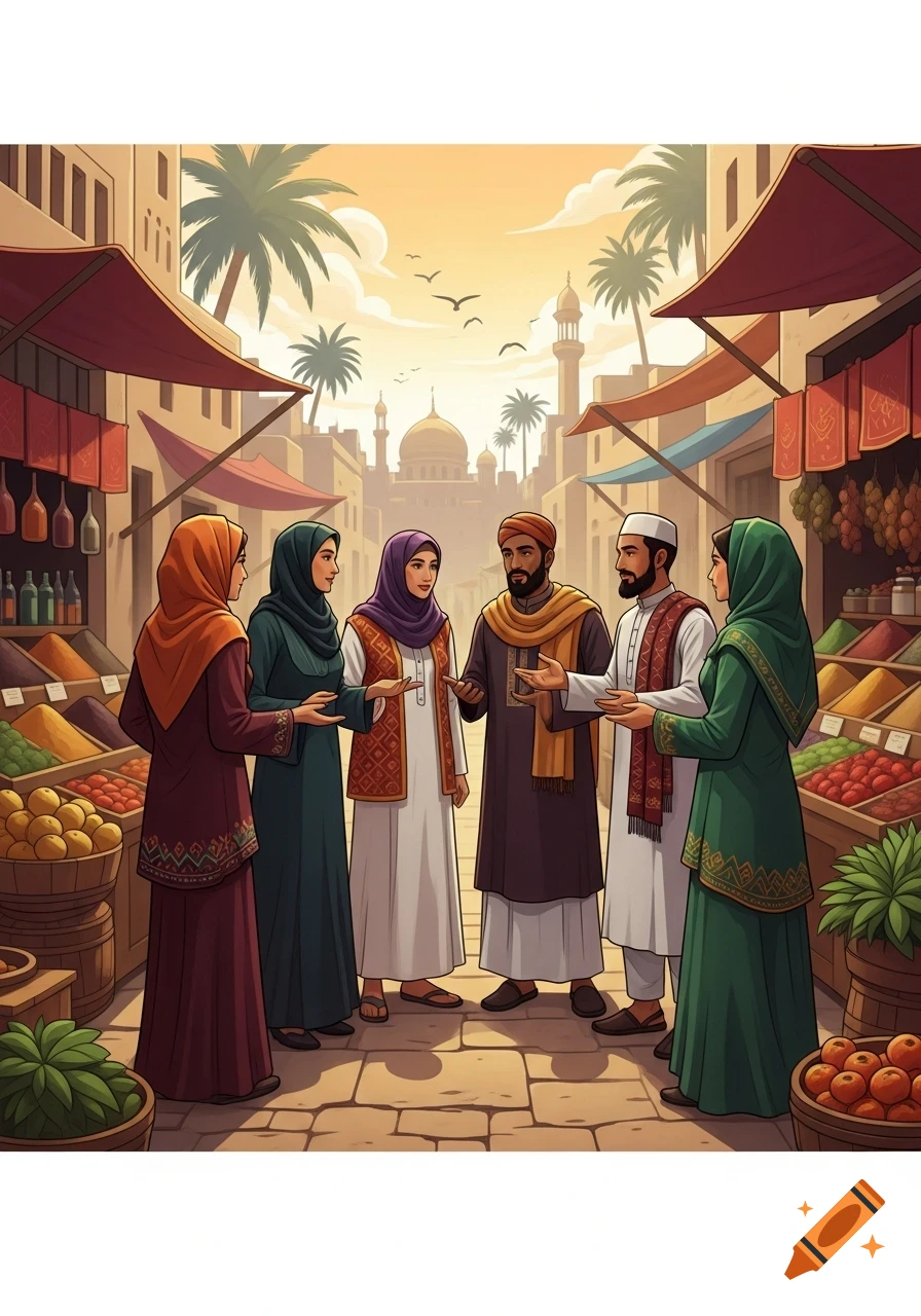 Stylized illustration of people in traditional Middle Eastern clothing gathering in a bustling marketplace.