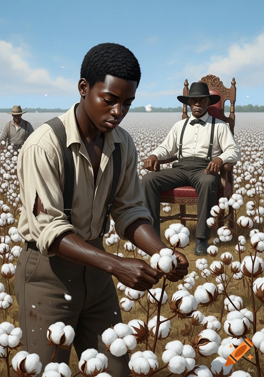 A young Black man picks cotton in a vast field, while an older man in a hat and chair supervises, with another worker in the background.