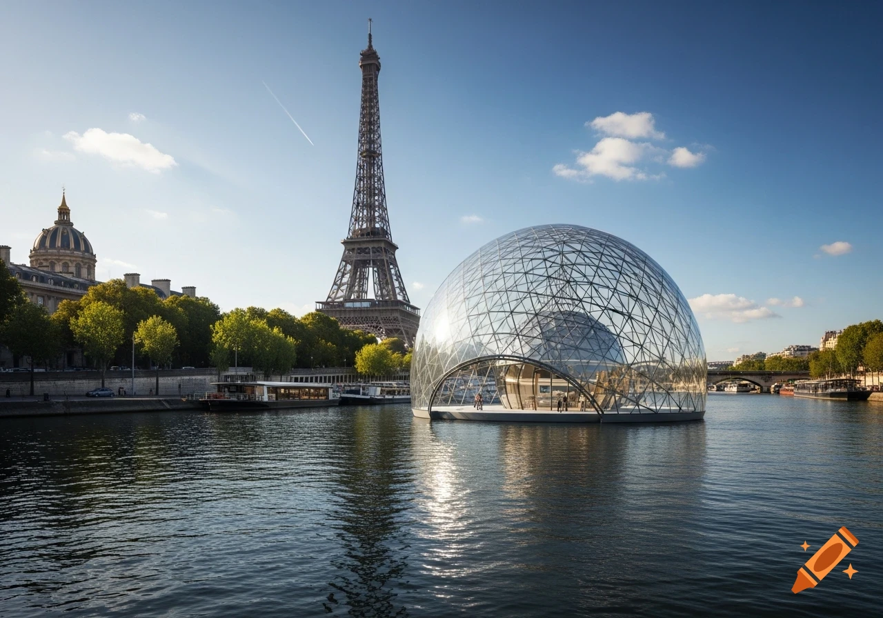 Photorealistic image of a modern glass sphere museum in the Seine River with the Eiffel Tower and Parisian buildings in the background.