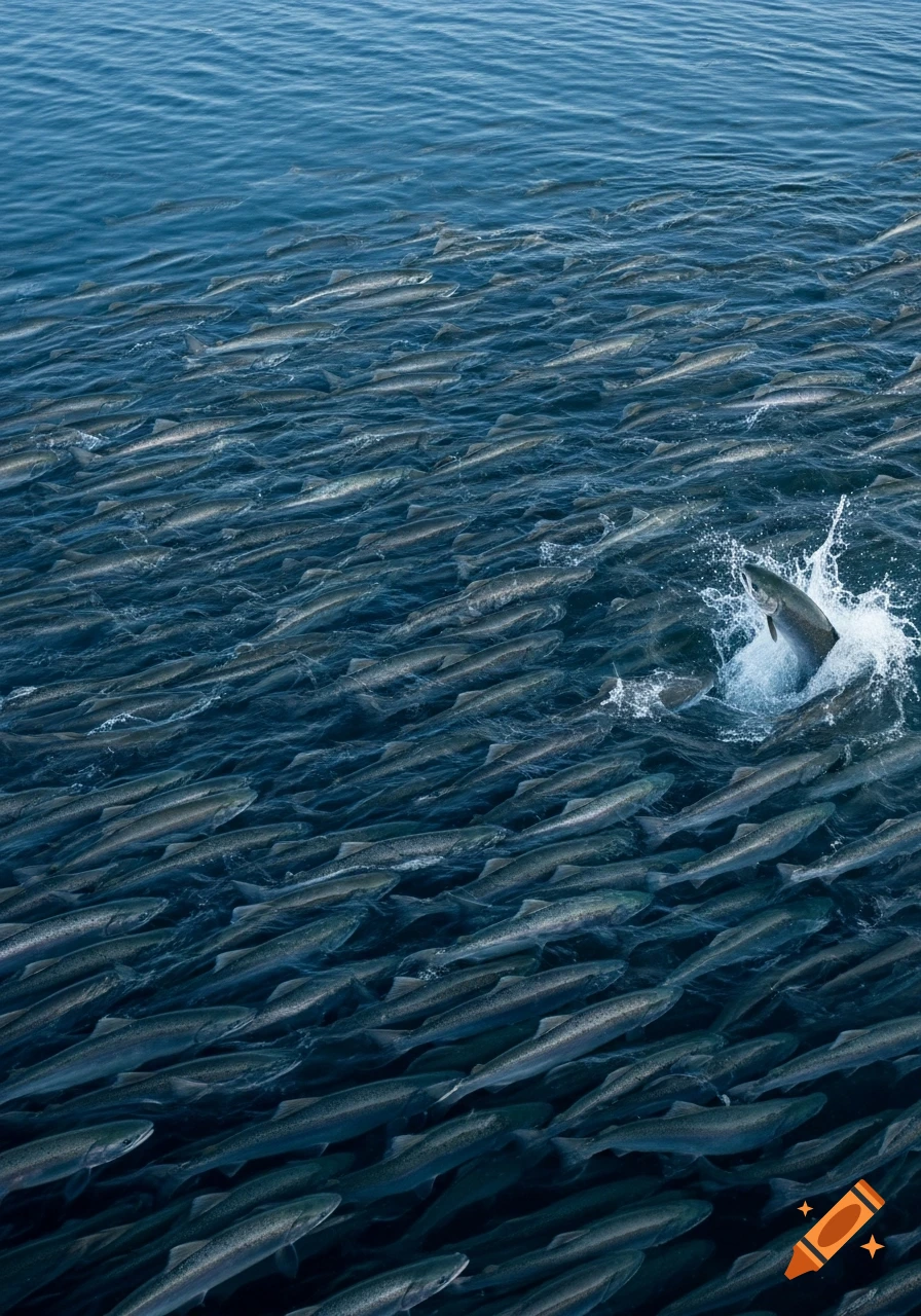 Thousands of silver salmon swim in formation in cold blue water, one leaping out with a splash. Photorealistic.