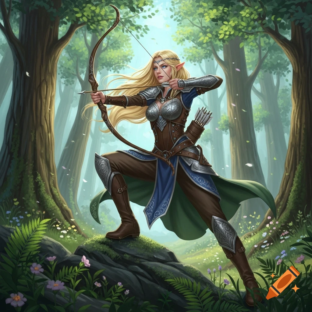 A blonde elven huntress in fantasy armor, aiming a bow and arrow in a lush, magical forest.