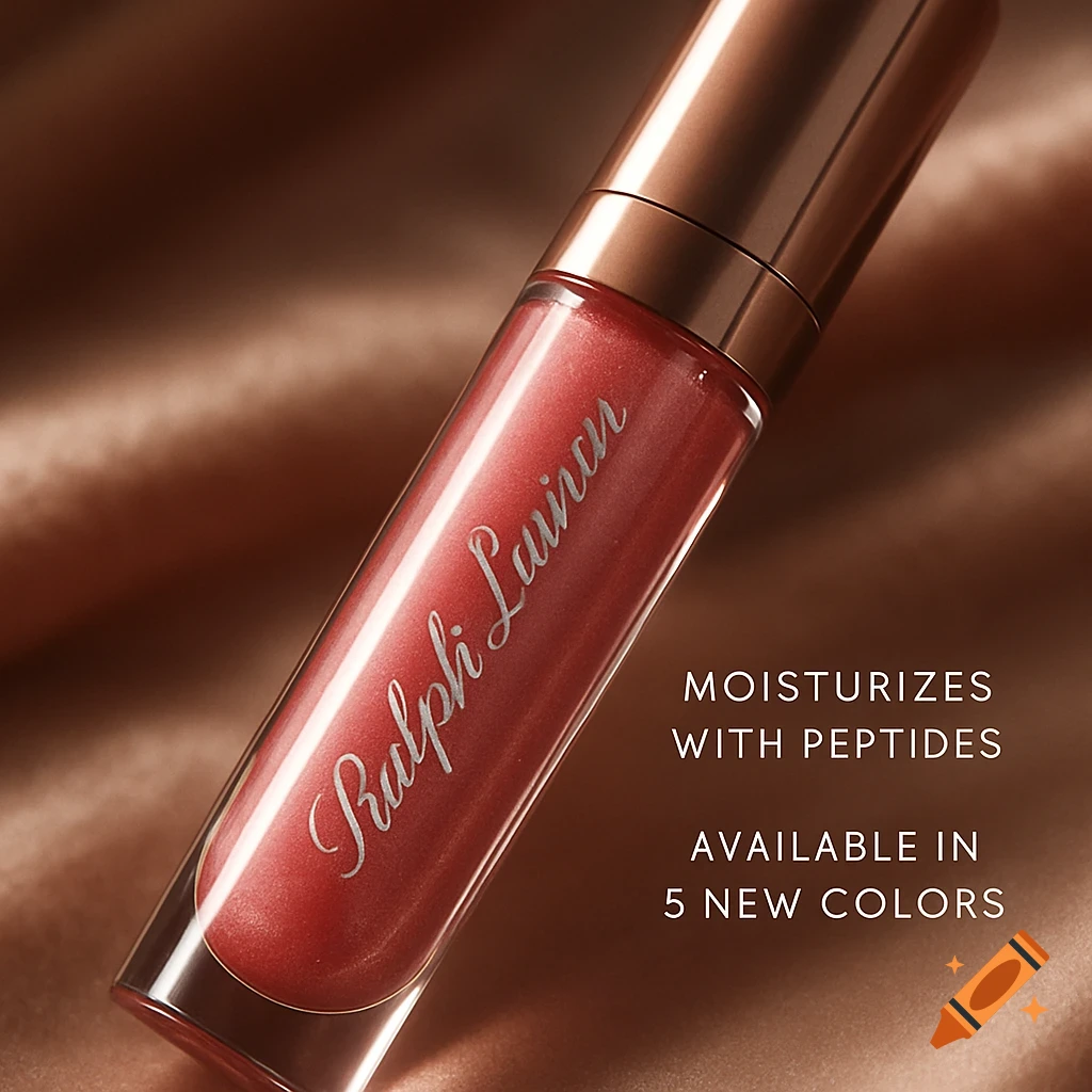 A close-up, high-angle shot of a shimmery pink lip gloss tube with a rose gold cap, featuring "Ralph Lauren" text. Ad copy reads "MOISTURIZES WITH PEPTIDES AVAILABLE IN 5 NEW COLORS" on a satin background.