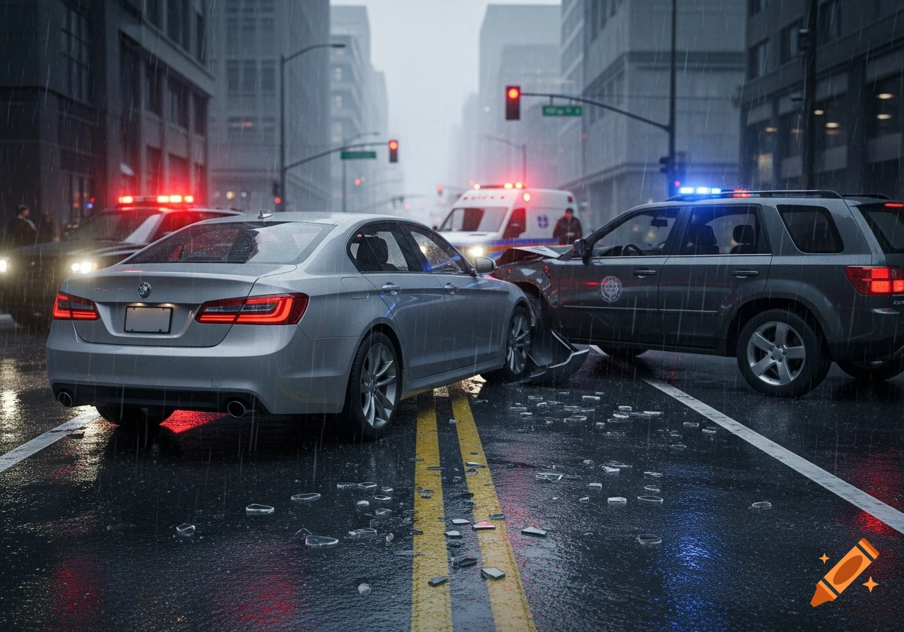 Photorealistic image of a car accident on a rainy city street with emergency vehicles and flashing lights. Debris from the collision is on the wet asphalt.