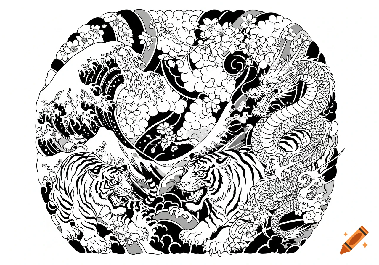 A black and white Japanese Irezumi design featuring two tigers, a dragon, waves, cherry blossoms, and clouds.
