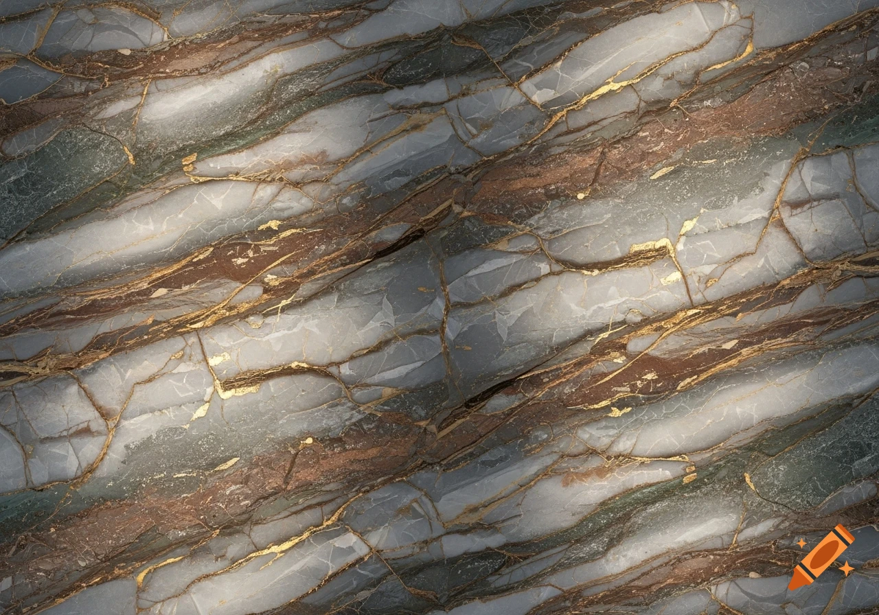 A detailed close-up of a stone texture with diagonal veins in shades of gray, white, brown, and green, highlighted by glistening gold lines.