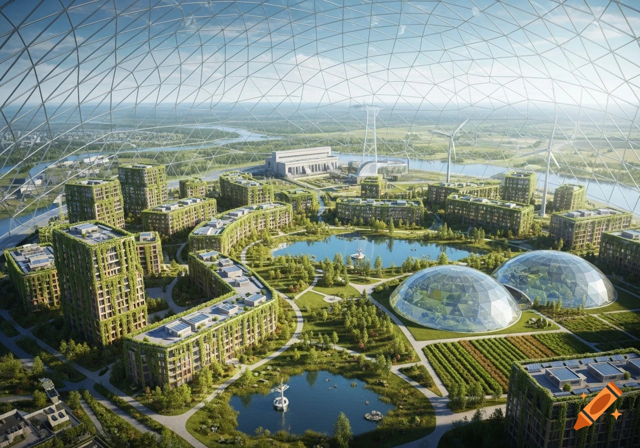 Photorealistic aerial view of a futuristic city under a vast geodesic dome, featuring green buildings, a central park, farm domes, wind turbines, and a hydroelectric plant.