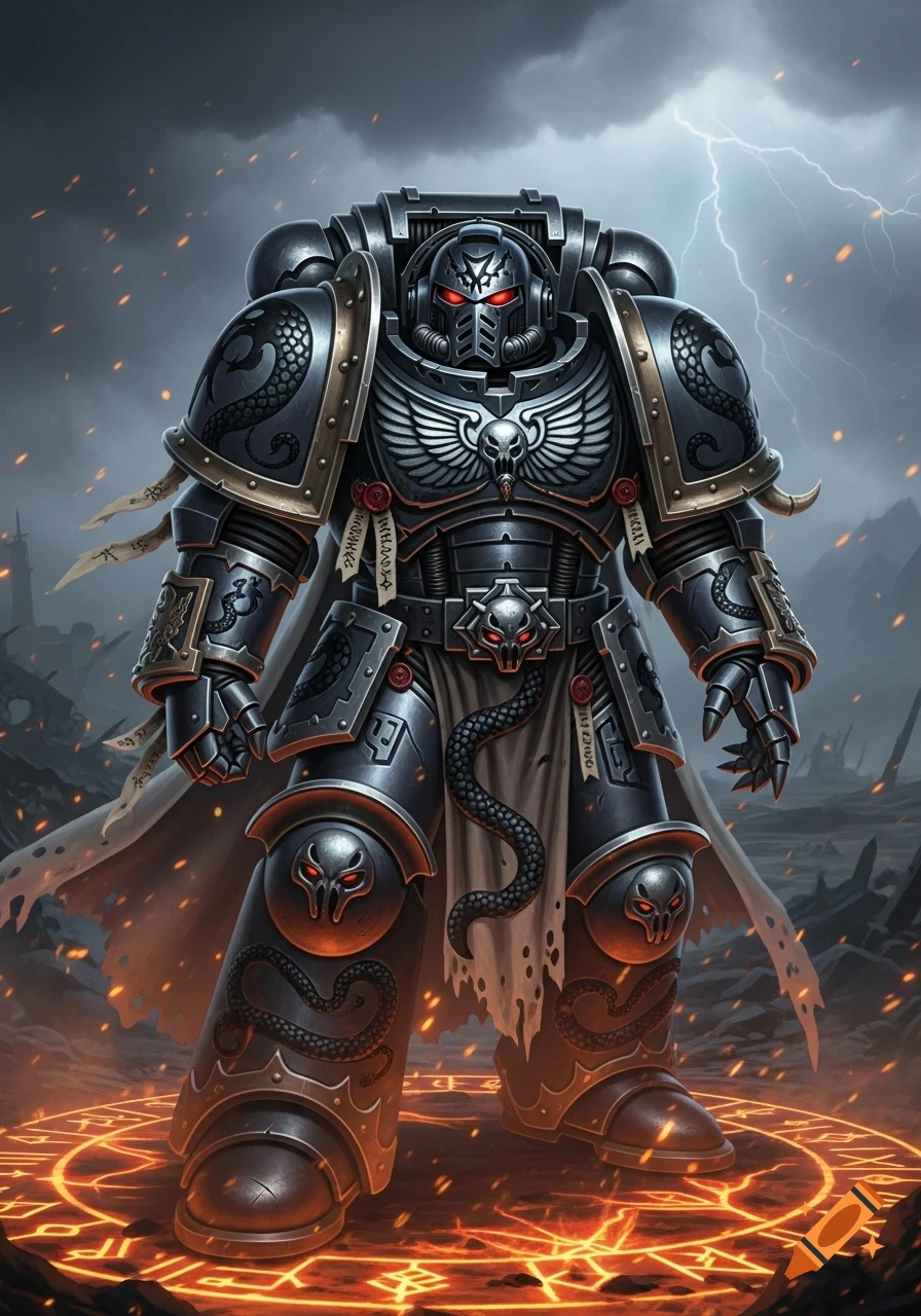 A dark armored space marine with red eyes, hydra markings, and scrolls stands on a glowing magic circle in a stormy, fiery landscape.