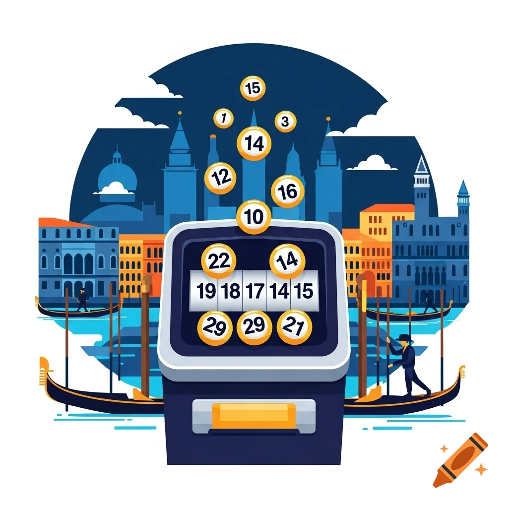 An illustration of a lottery machine displaying numbers against a backdrop of a Venetian cityscape with gondolas on water.